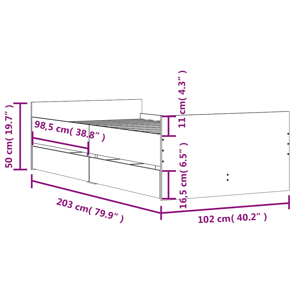 Bed Frame with Drawers without Mattress Grey Sonoma 100x200 cm