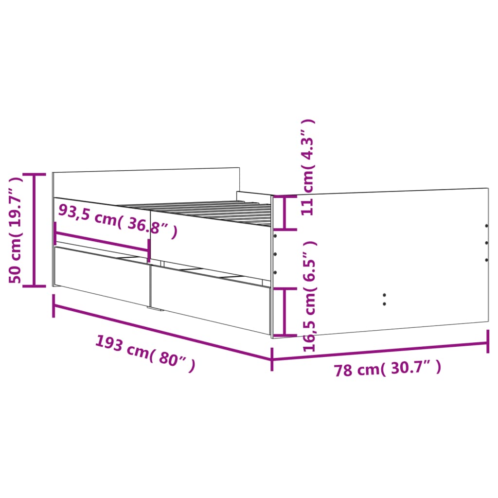 Bed Frame without Mattress Smoked Oak 75x190 cm Small Single Small Single