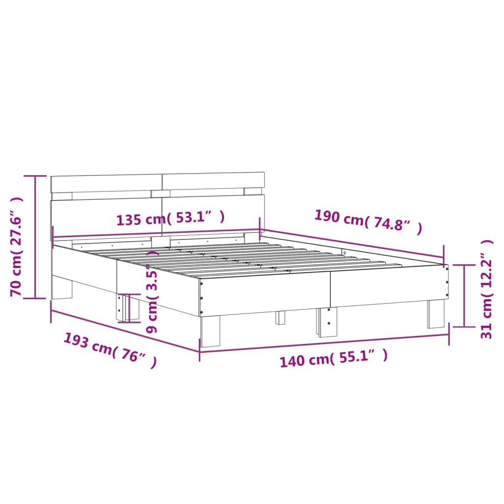 Bed Frame without Mattress Grey Sonoma 135x190 cm Double