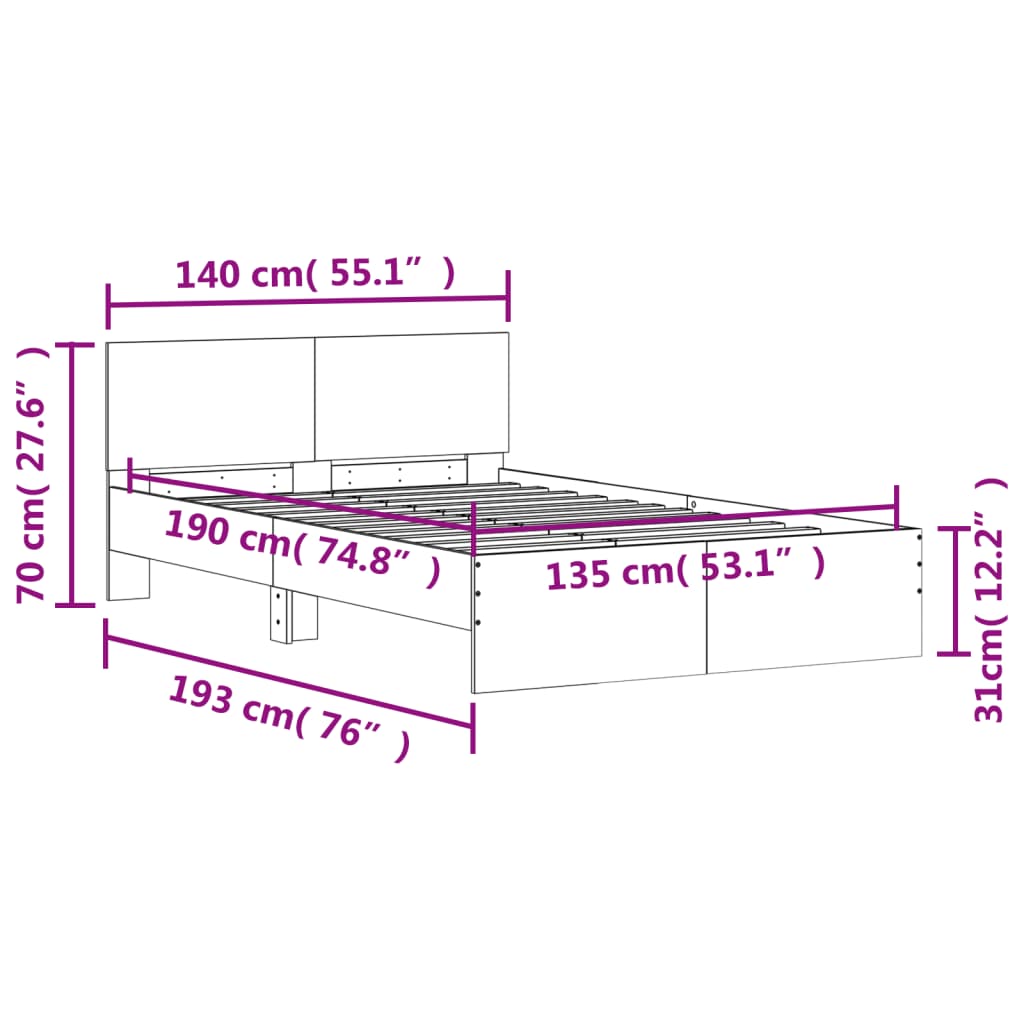 Bed Frame without Mattress Grey Sonoma 135x190 cm Double