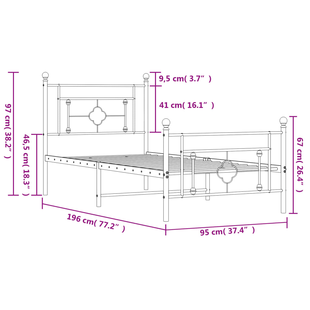 Metal Bed Frame without Mattress with Footboard Black 90x190cm