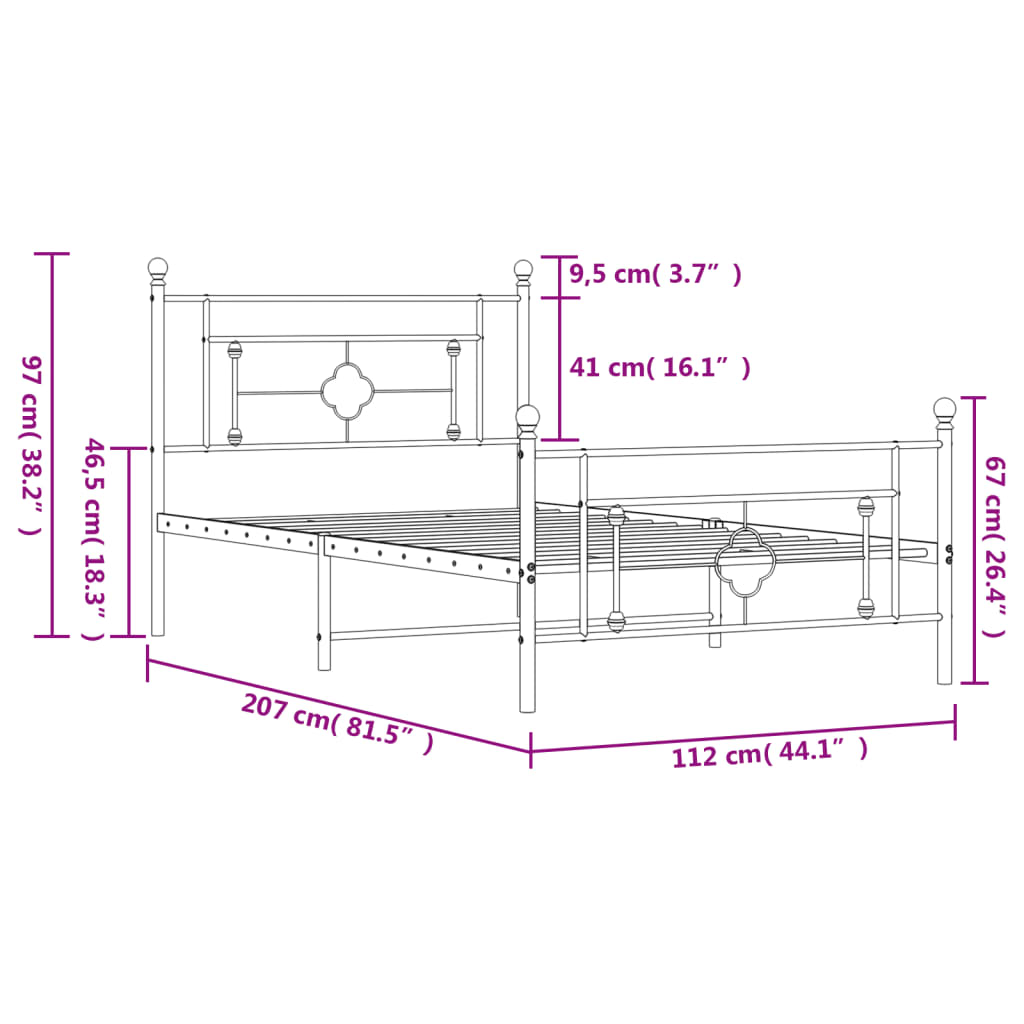 Metal Bed Frame without Mattress with Footboard White 107x203cm