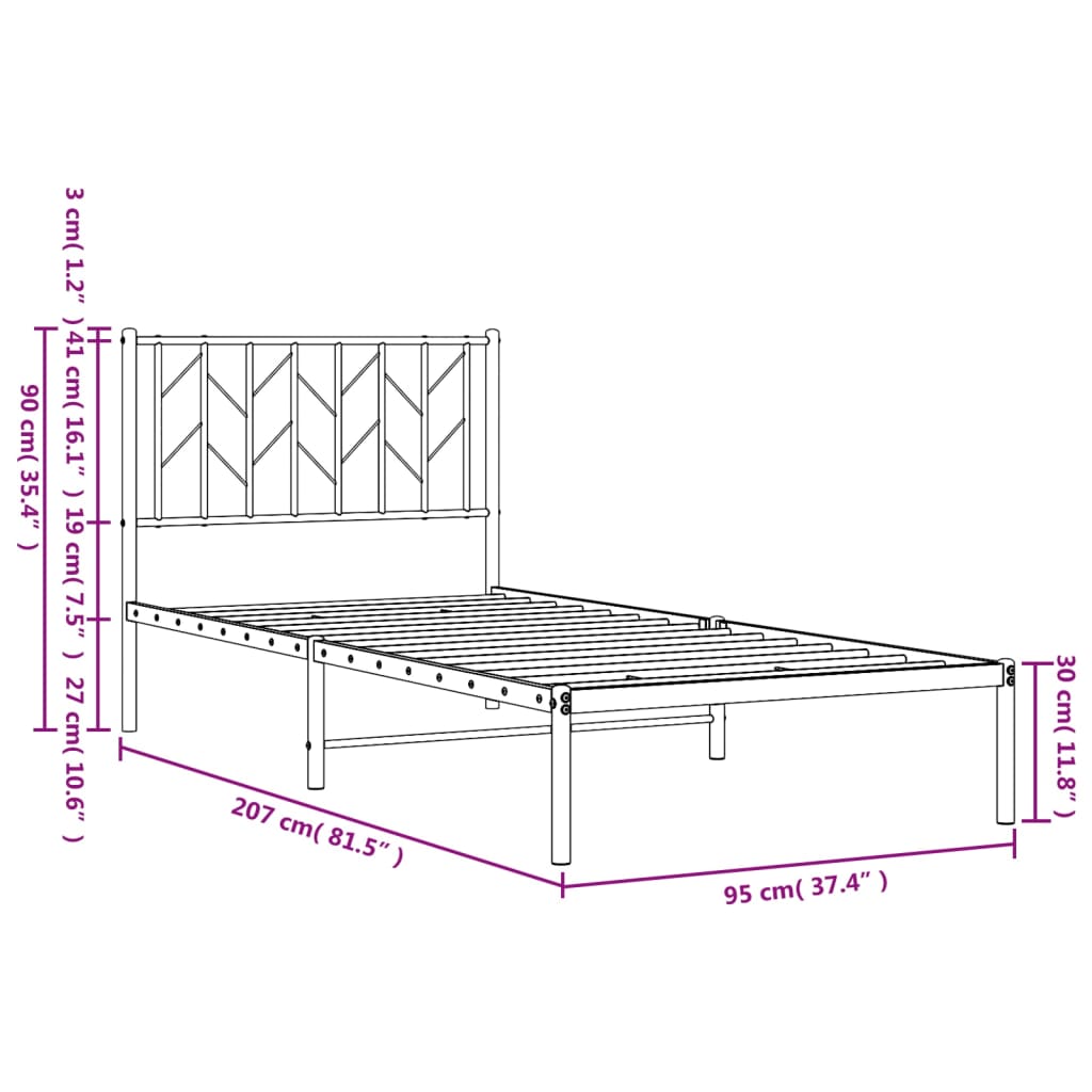 Metal Bed Frame without Mattress with Headboard Black 90x200cm