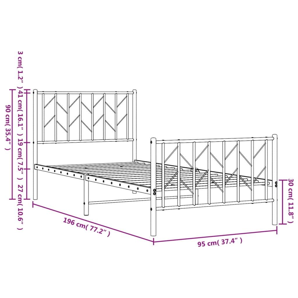 Metal Bed Frame without Mattress with Footboard Black 90x190cm