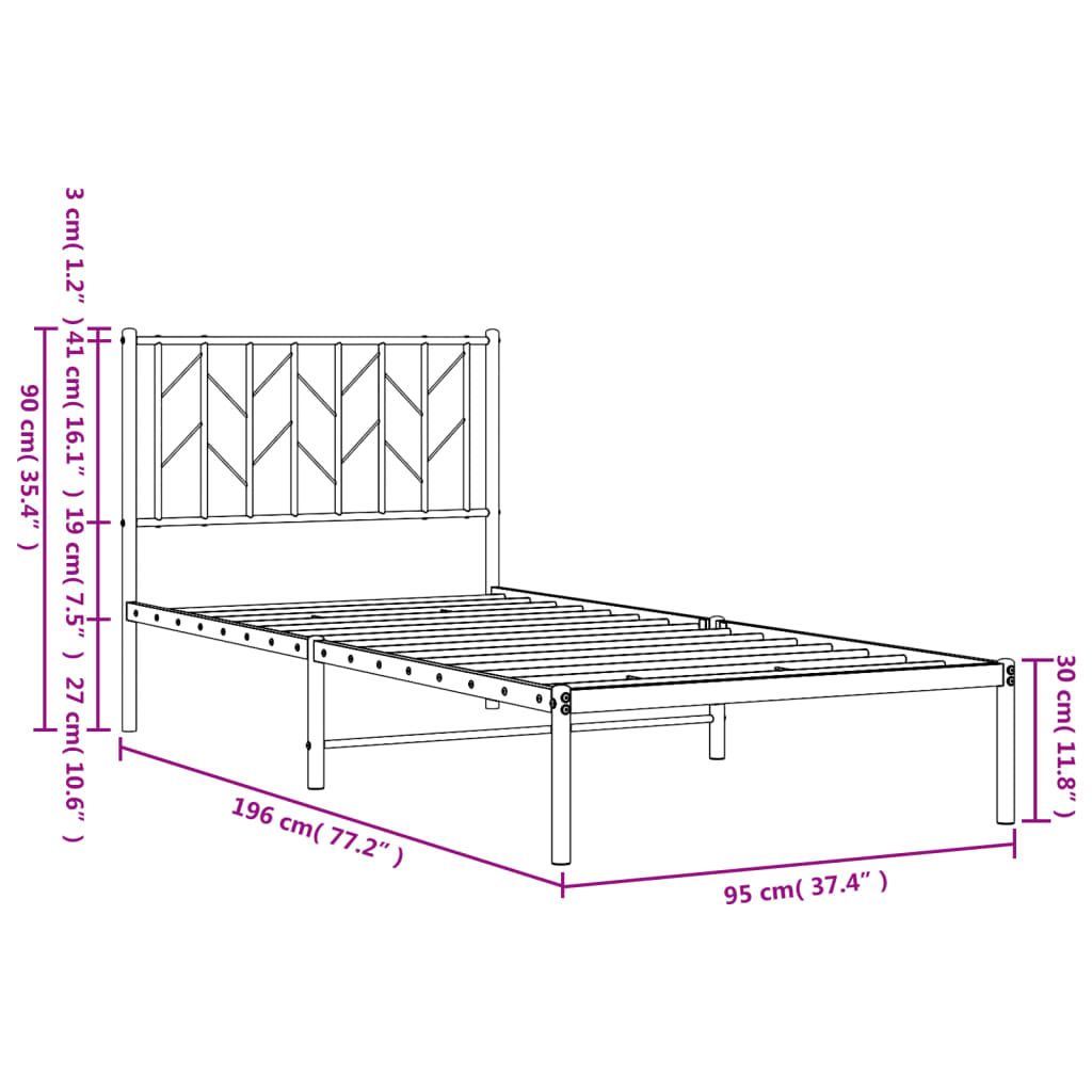 Metal Bed Frame without Mattress with Headboard White 90x190cm