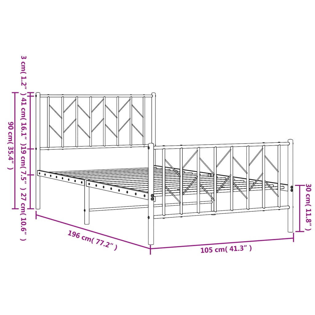 Metal Bed Frame without Mattress with Footboard White 100x190cm