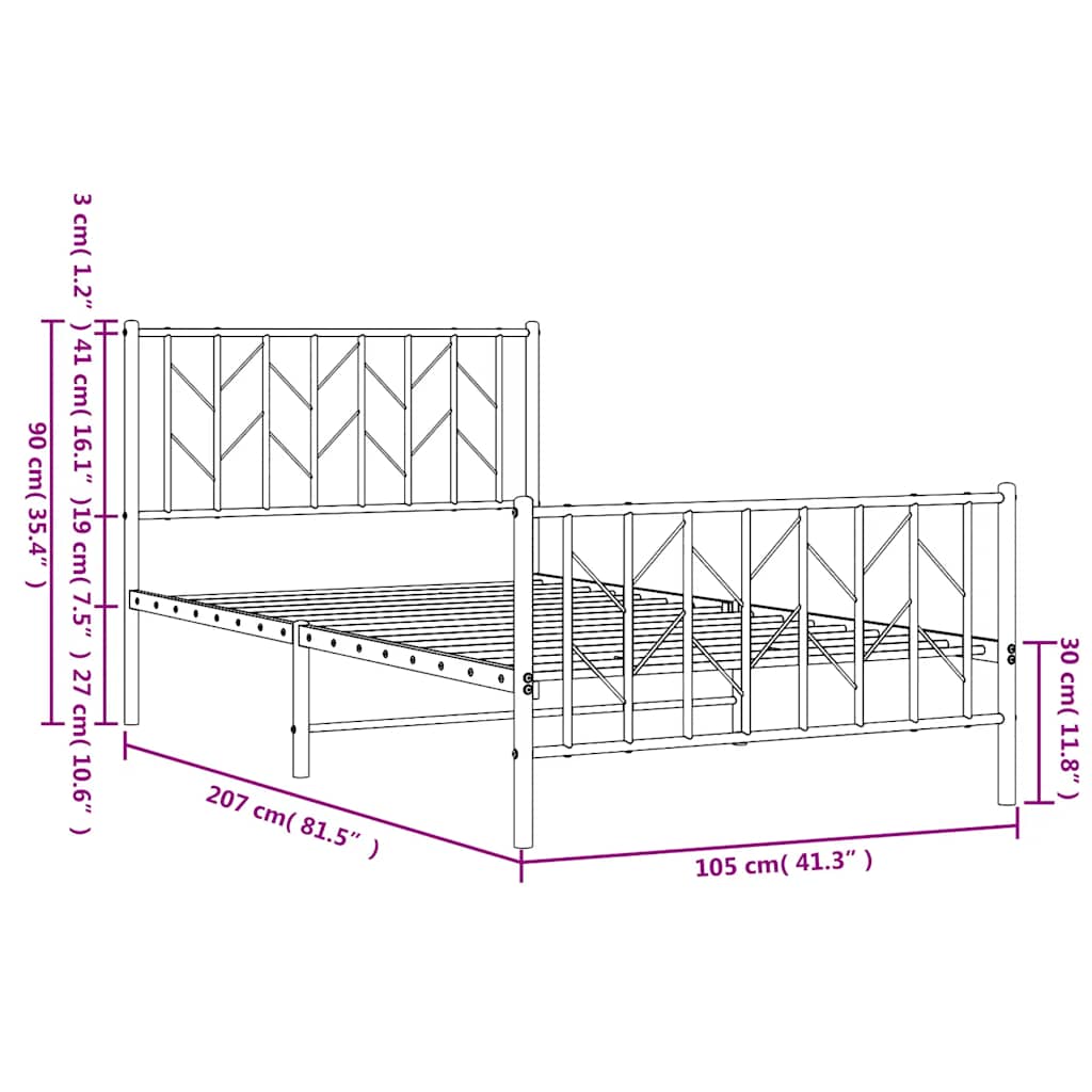Metal Bed Frame without Mattress with Footboard White 100x200cm