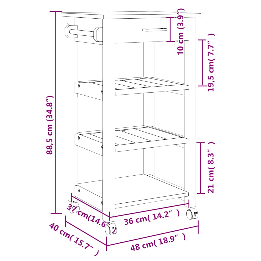 Kitchen Trolley "MONZA" 48x40x88,5 cm Solid Wood Pine