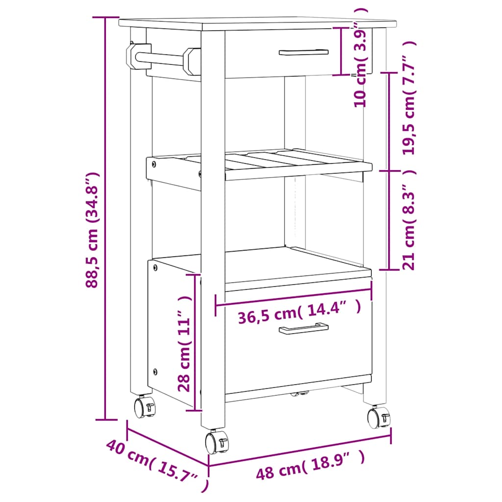 Kitchen Trolley MONZA 18.9"x15.7"x34.8" Solid Wood Pine