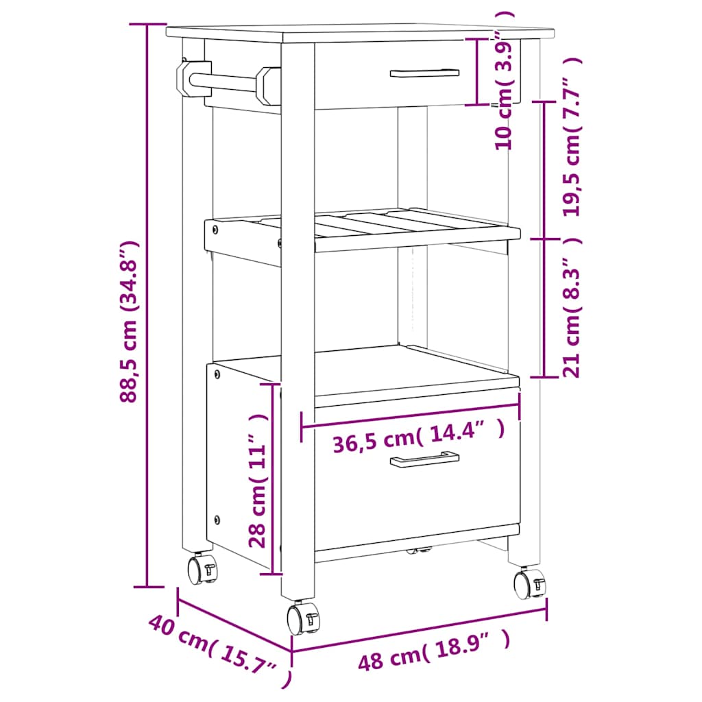 vidaXL Kitchen Trolley MONZA 18.9"x15.7"x34.8" Solid Wood Pine