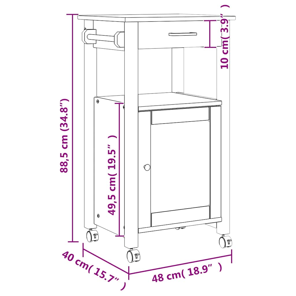 Kitchen Trolley MONZA 18.9"x15.7"x34.8" Solid Wood Pine