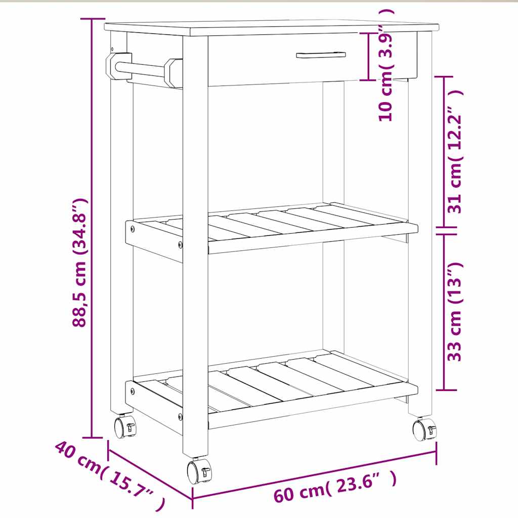 Kitchen Trolley MONZA 23.6"x15.7"x34.8" Solid Wood Pine