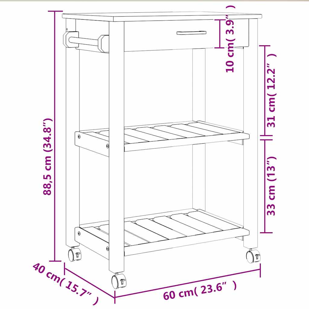 Kitchen Trolley "MONZA" 60x40x88,5 cm Solid Wood Pine