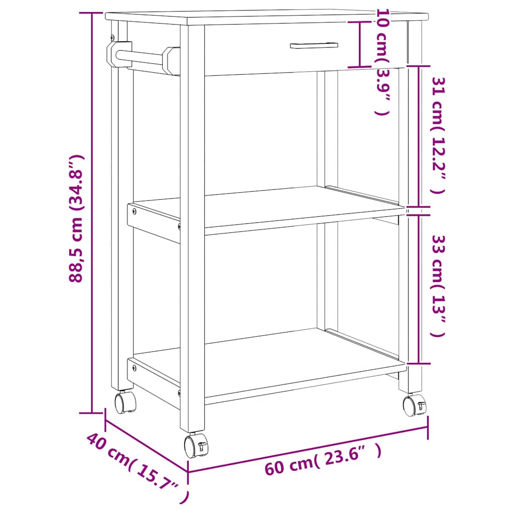 Kitchen Trolley "MONZA" 60x40x88,5 cm Solid Wood Pine