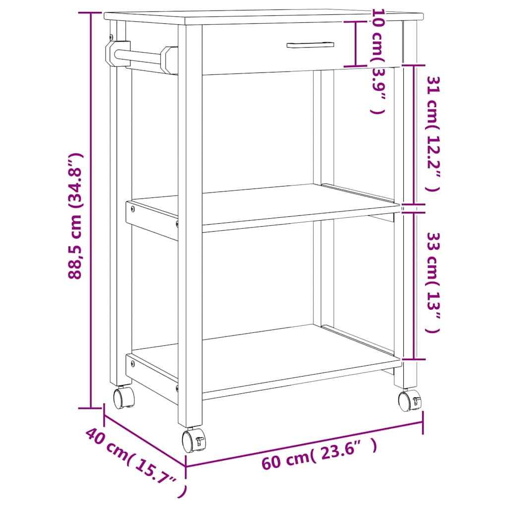 Kitchen Trolley MONZA 23.6"x15.7"x34.8" Solid Wood Pine