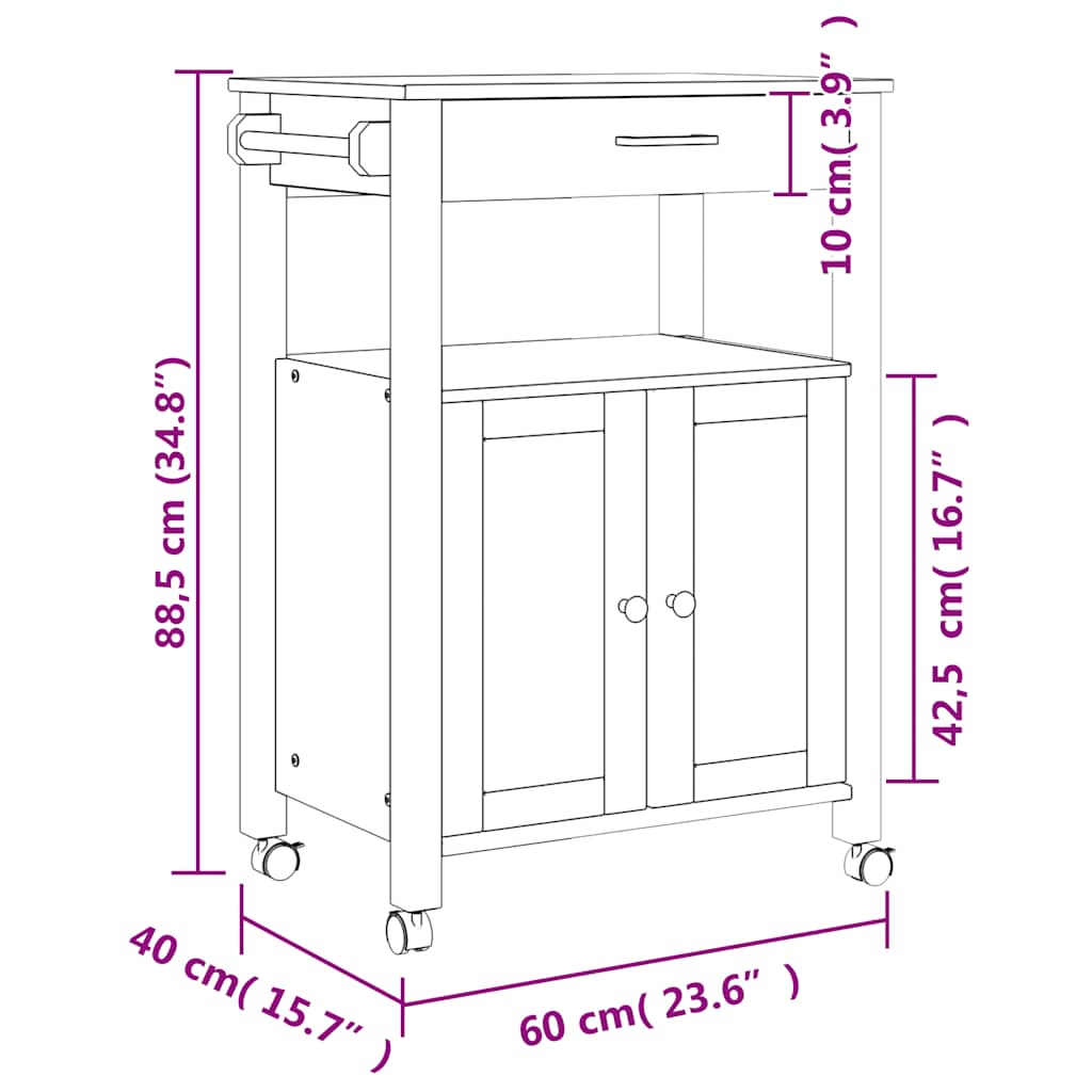 Kitchen Trolley "MONZA" 60x40x88,5 cm Solid Wood Pine