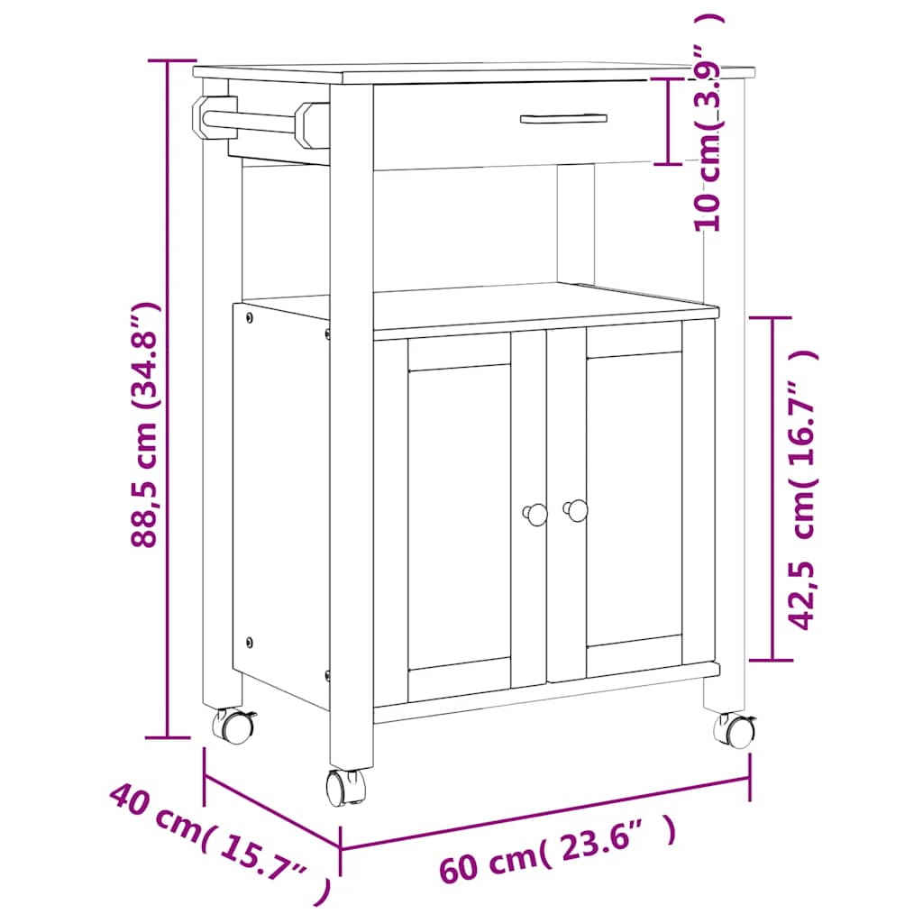 Kitchen Trolley "MONZA" 60x40x88,5 cm Solid Wood Pine
