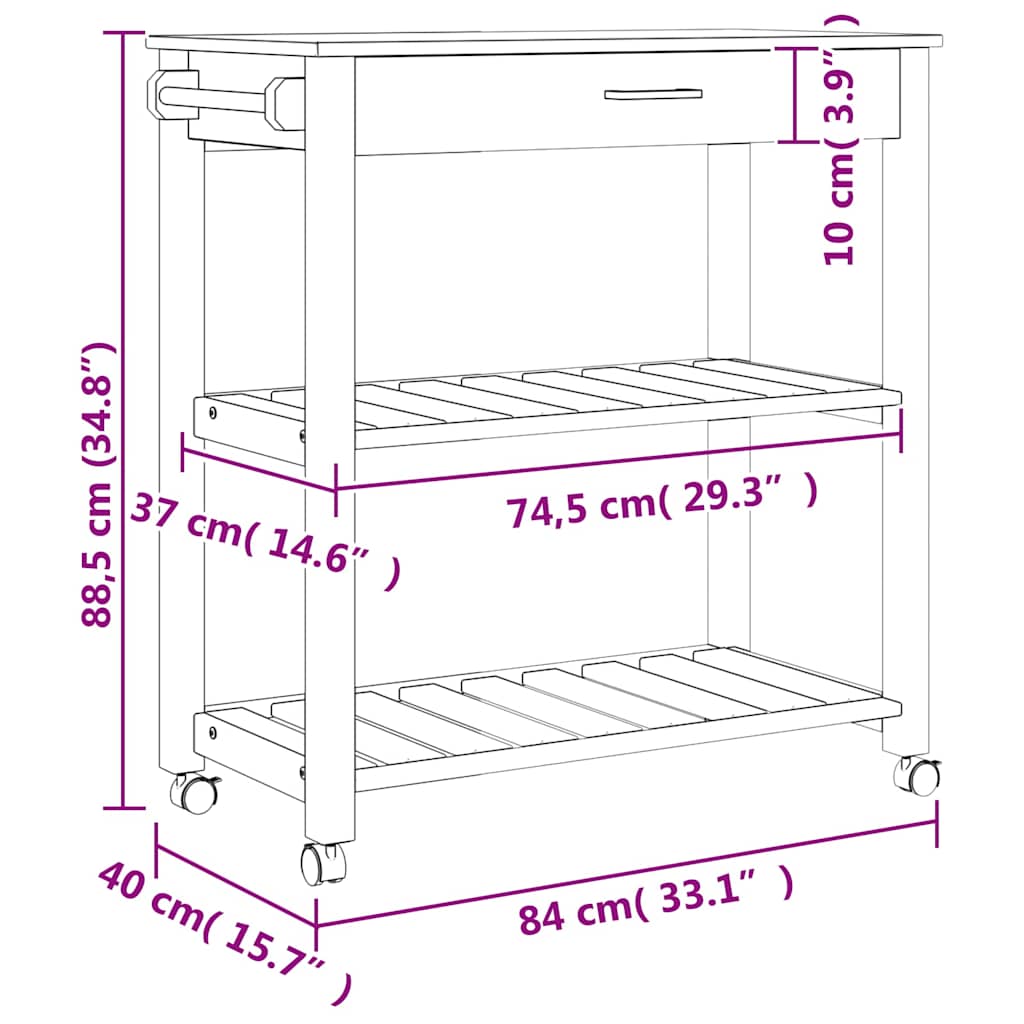 Kitchen Trolley "MONZA" 84x40x88,5 cm Solid Wood Pine