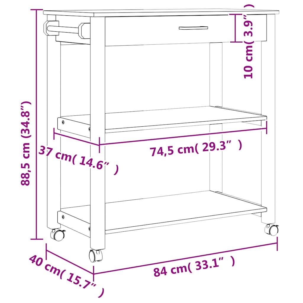 Kitchen Trolley "MONZA" 84x40x88,5 cm Solid Wood Pine