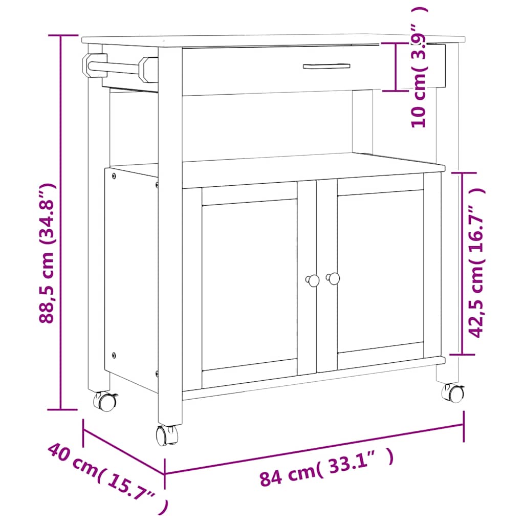 Kitchen Trolley MONZA 33.1"x15.7"x34.8" Solid Wood Pine