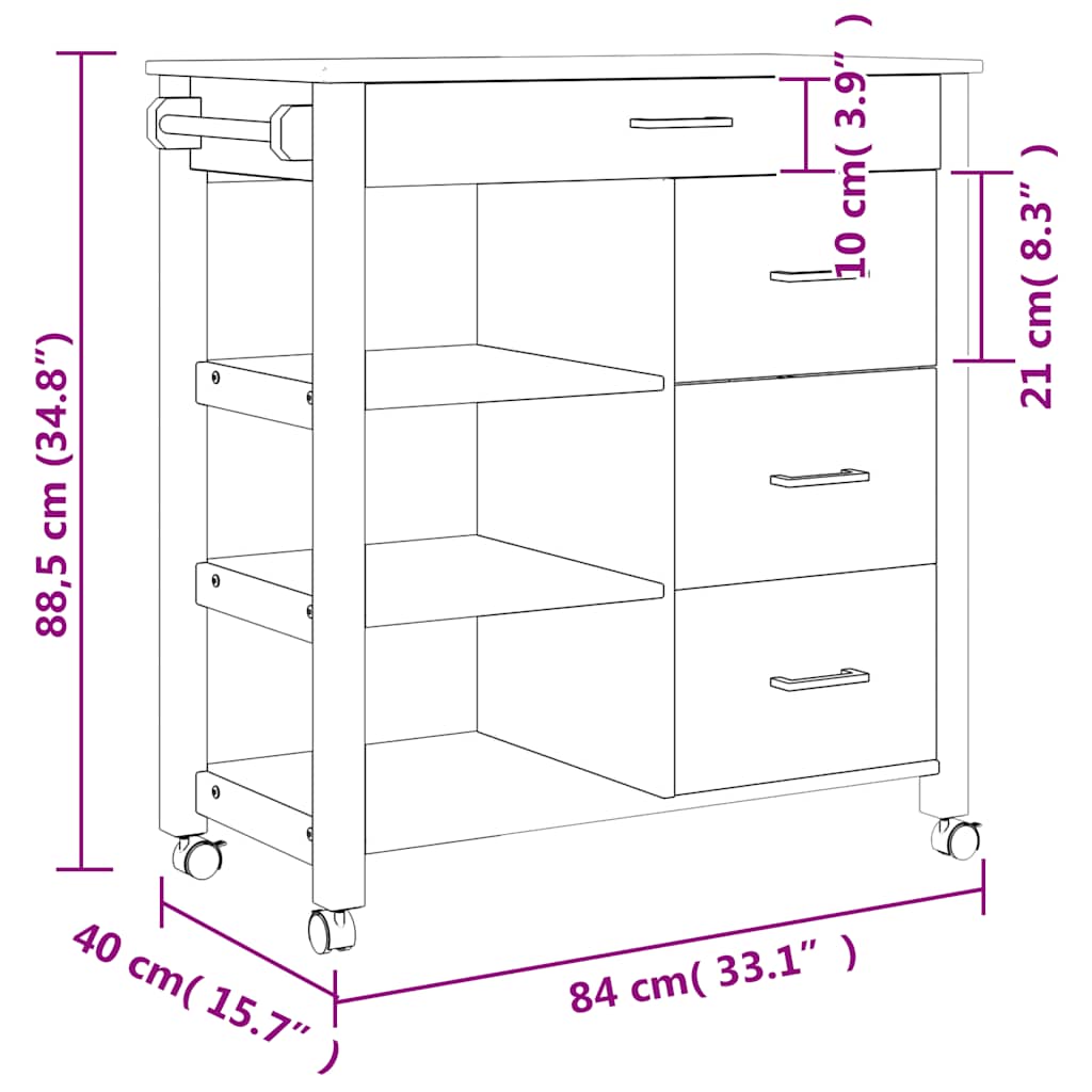 Kitchen Trolley MONZA 33.1"x15.7"x34.8" Solid Wood Pine