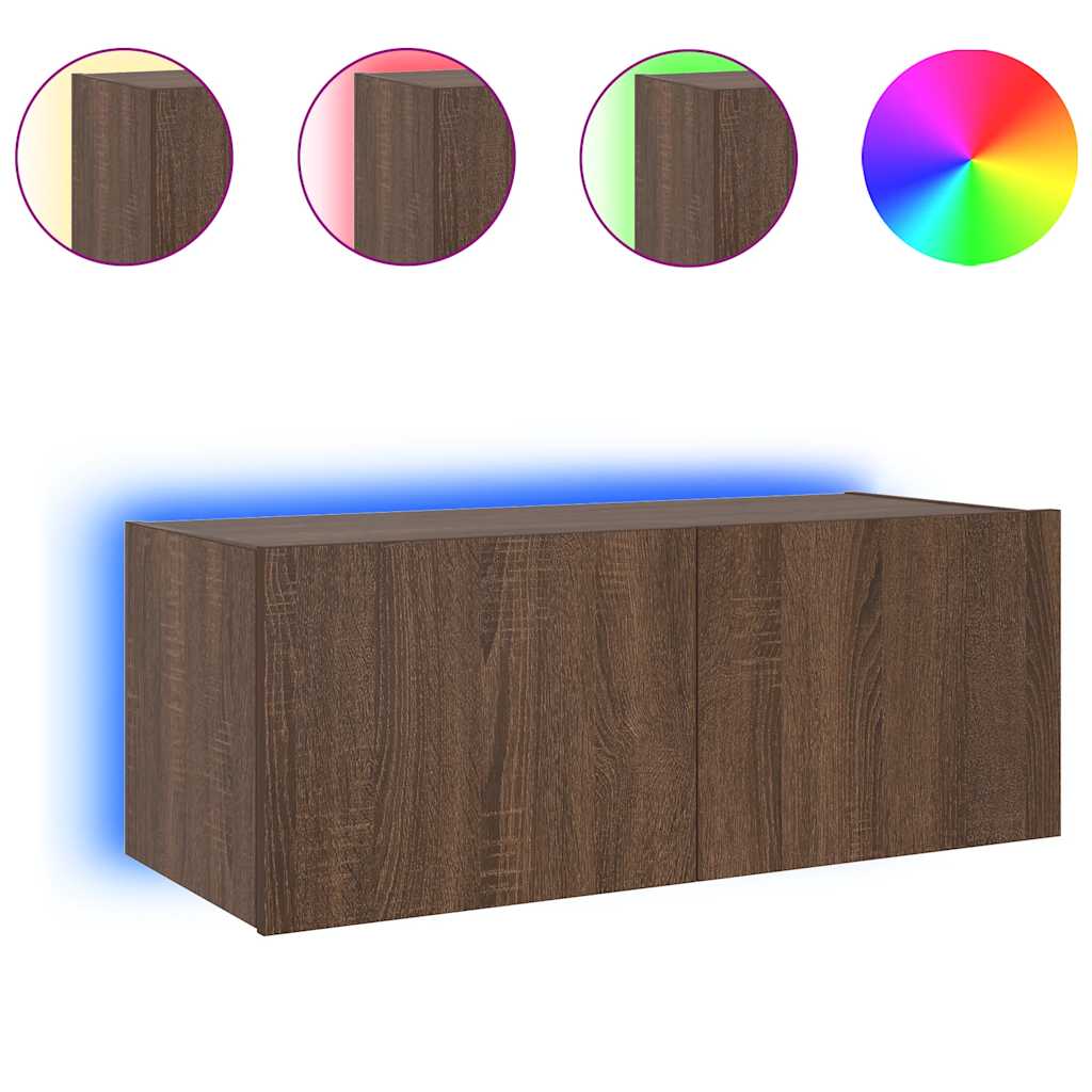 TV Wall Cabinet with LED Lights Brown Oak 80x35x31 cm