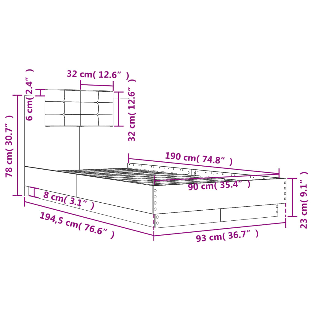 Bed Frame without Mattress Grey Sonoma 90x190 cm Single