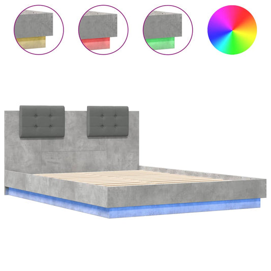 Bed Frame with LED without Mattress Concrete Grey 150x200 cm King Size