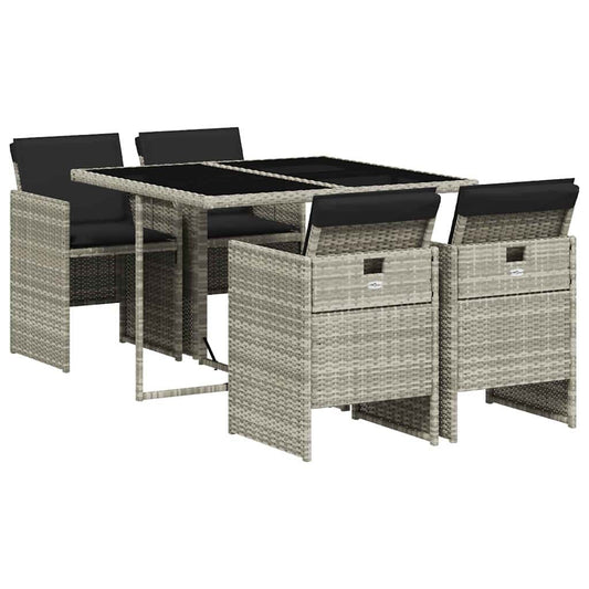5 Piece Garden Dining Set with Cushions Light Grey Poly Rattan