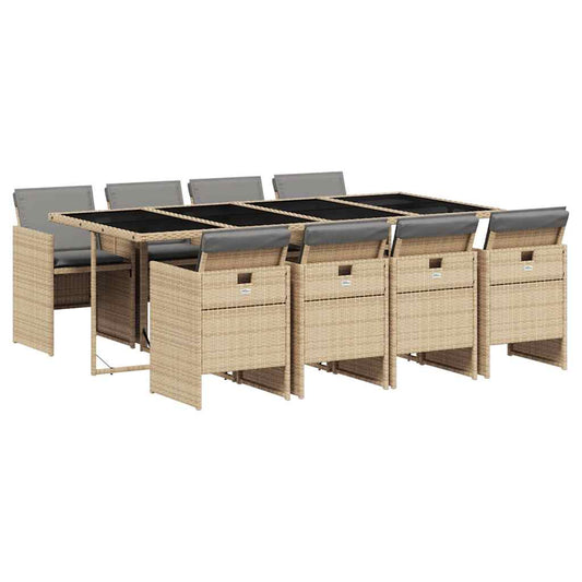 9 Piece Garden Dining Set with Cushions Mix Beige Poly Rattan