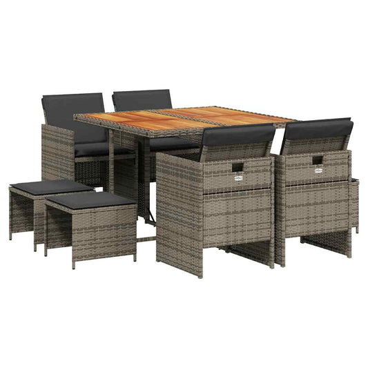 9 Piece Garden Dining Set with Cushions Grey Poly Rattan