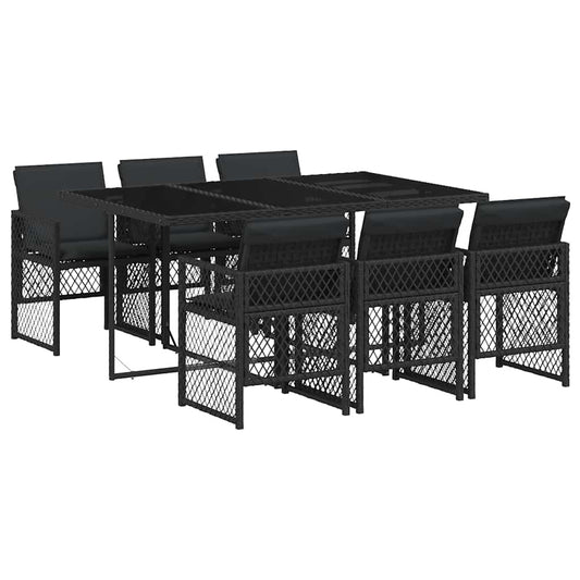 7 Piece Garden Dining Set with Cushions Black Poly Rattan