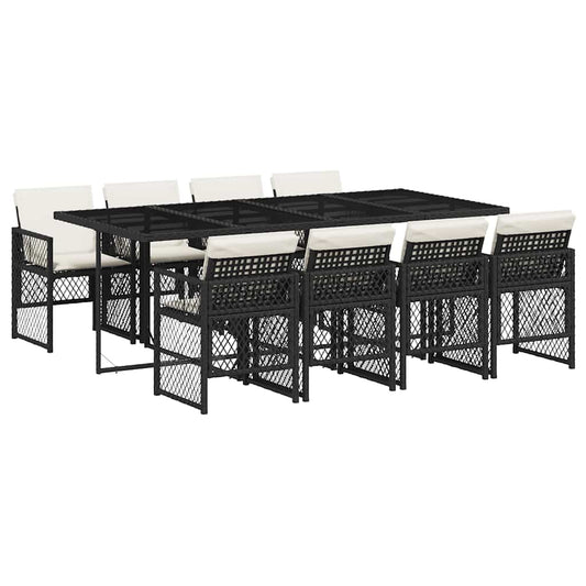 9 Piece Garden Dining Set with Cushions Black Poly Rattan