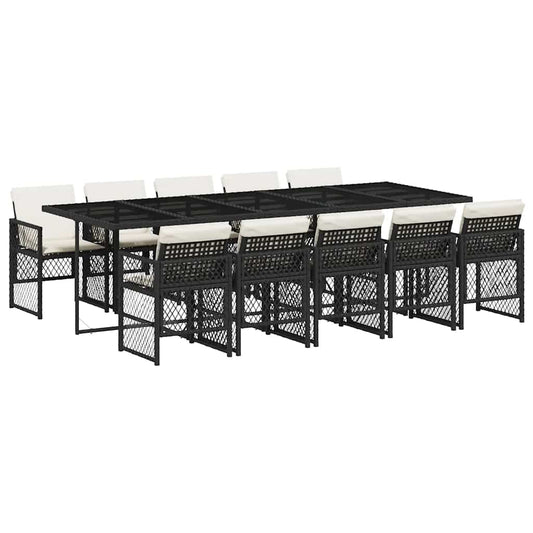 11 Piece Garden Dining Set with Cushions Black Poly Rattan
