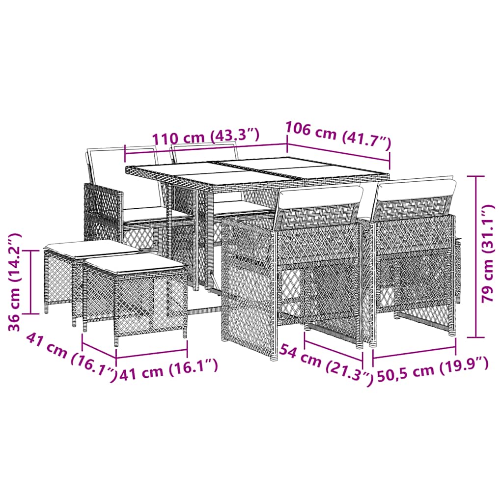 9 Piece Garden Dining Set with Cushions Brown Poly Rattan