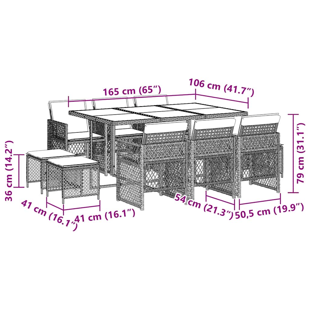 11 Piece Garden Dining Set with Cushions Brown Poly Rattan