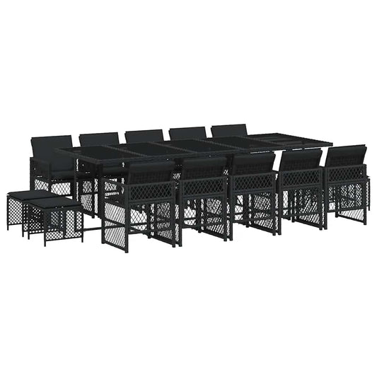 15 Piece Garden Dining Set with Cushions Black Poly Rattan
