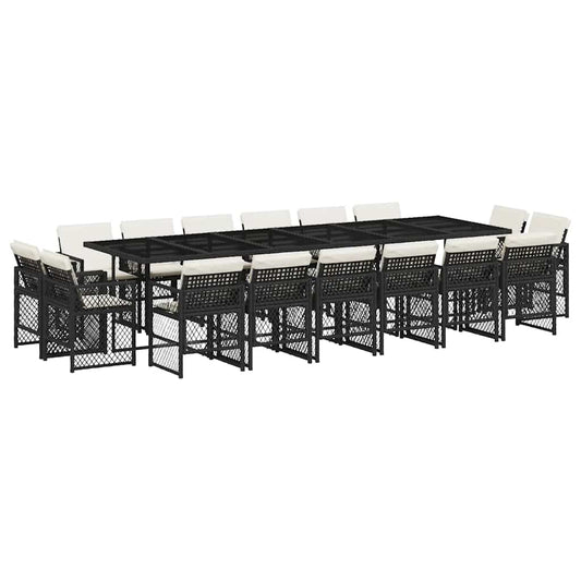 17 Piece Garden Dining Set with Cushions Black Poly Rattan