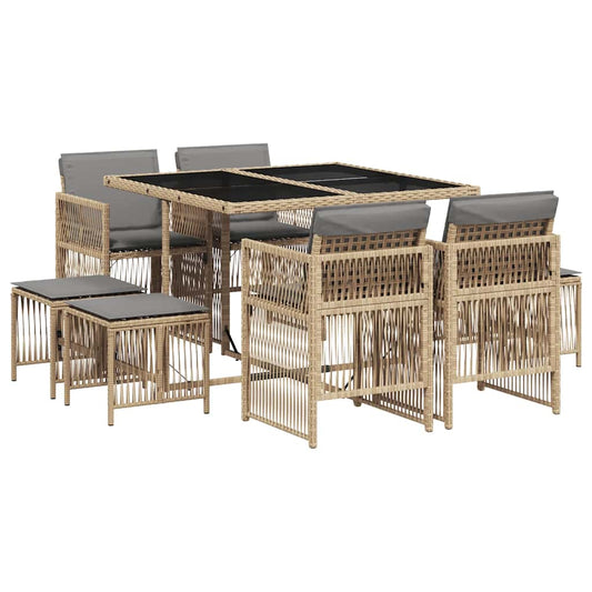 9 Piece Garden Dining Set with Cushions Mix Beige Poly Rattan