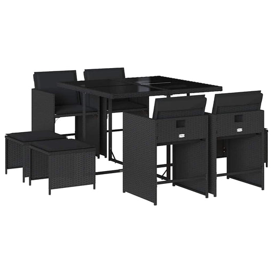 9 Piece Garden Dining Set with Cushions Black Poly Rattan