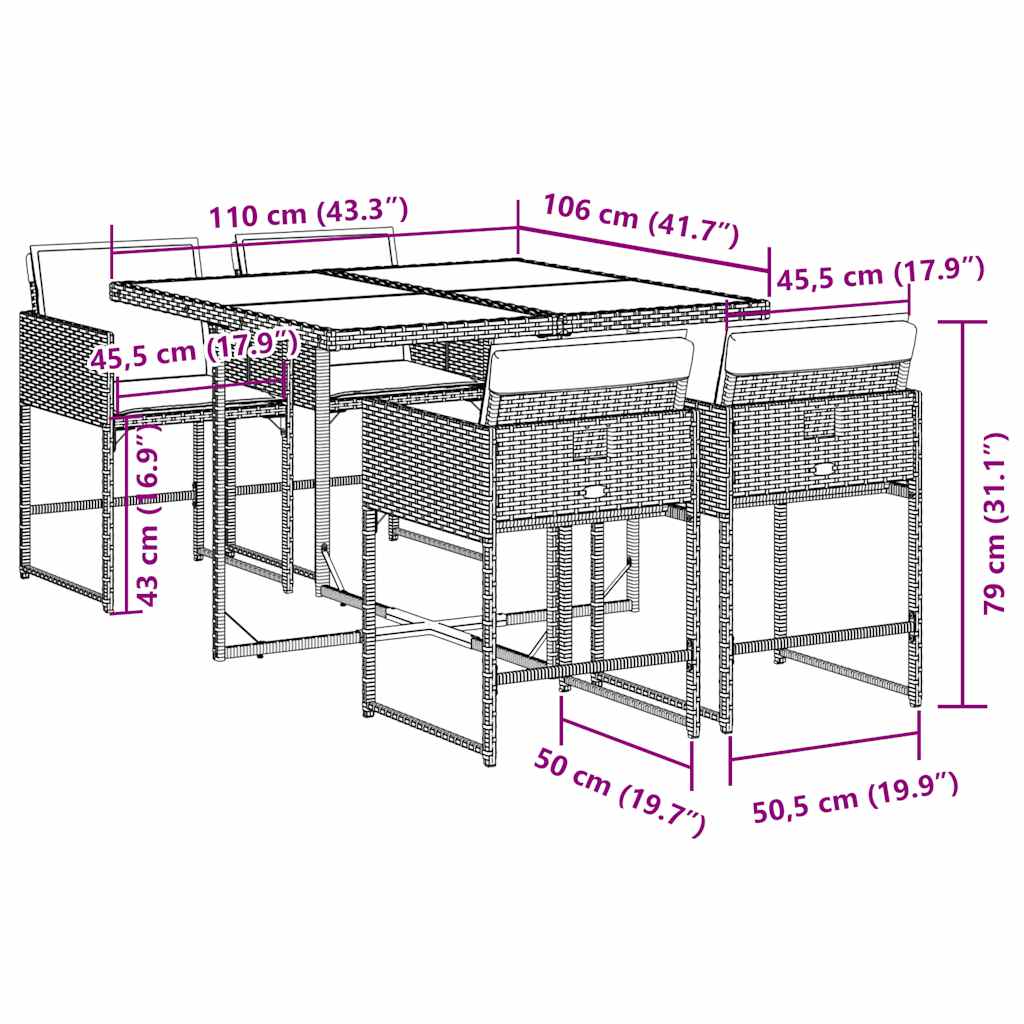 5 Piece Garden Dining Set with Cushions Grey Poly Rattan