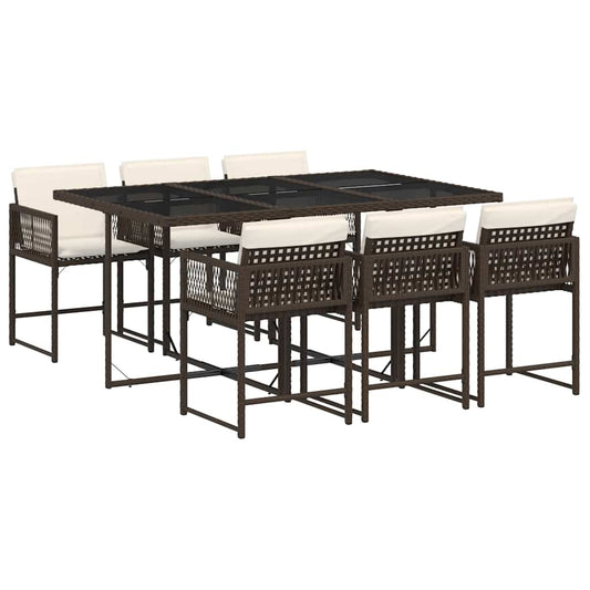 7 Piece Garden Dining Set with Cushions Brown Poly Rattan