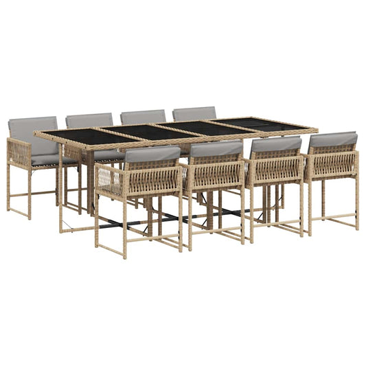 9 Piece Garden Dining Set with Cushions Mix Beige Poly Rattan