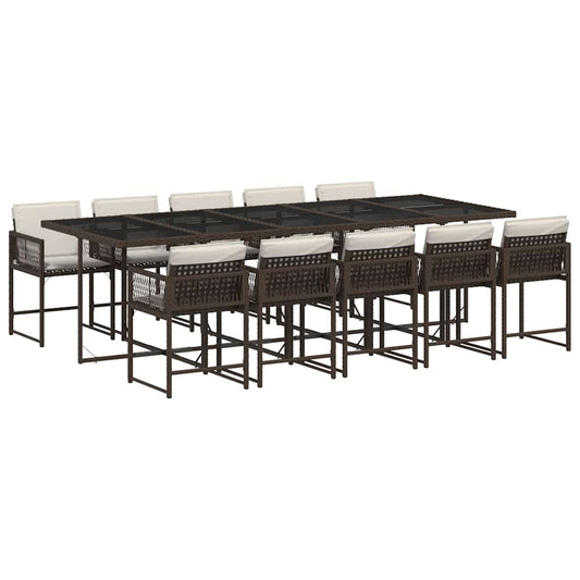 11 Piece Garden Dining Set with Cushions Brown Poly Rattan