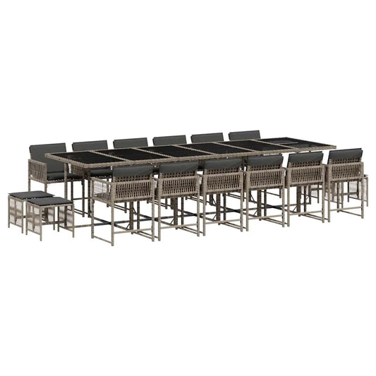 17 Piece Garden Dining Set with Cushions Grey Poly Rattan