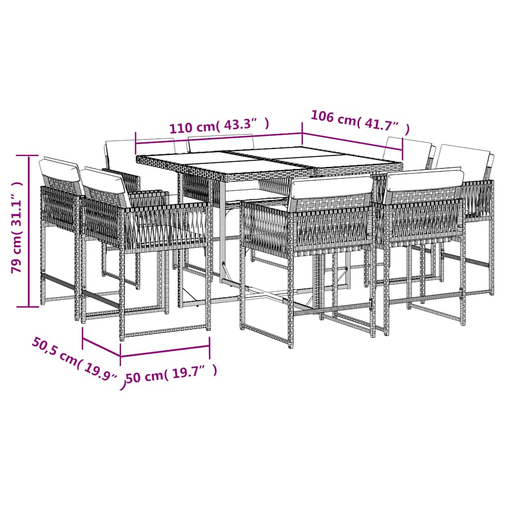 9 Piece Garden Dining Set with Cushions Brown Poly Rattan