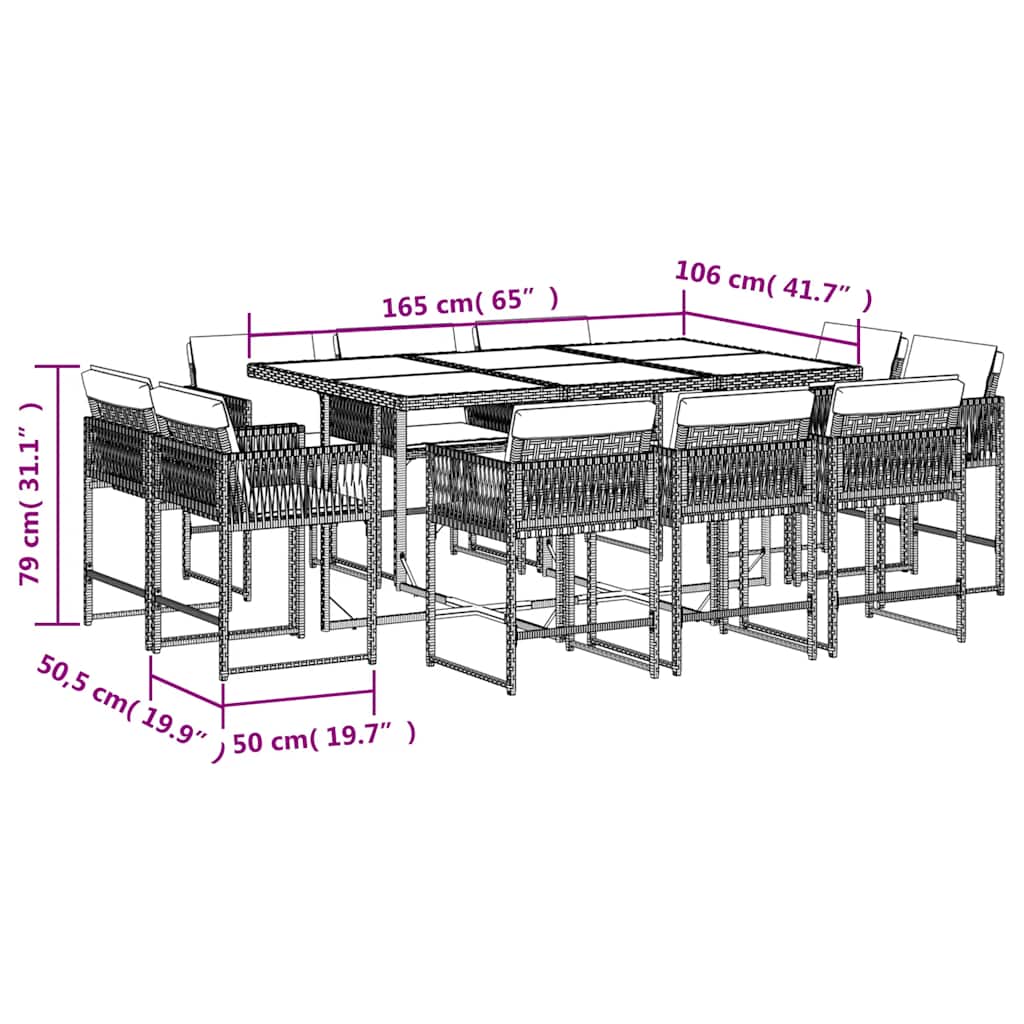 11 Piece Garden Dining Set with Cushions Brown Poly Rattan