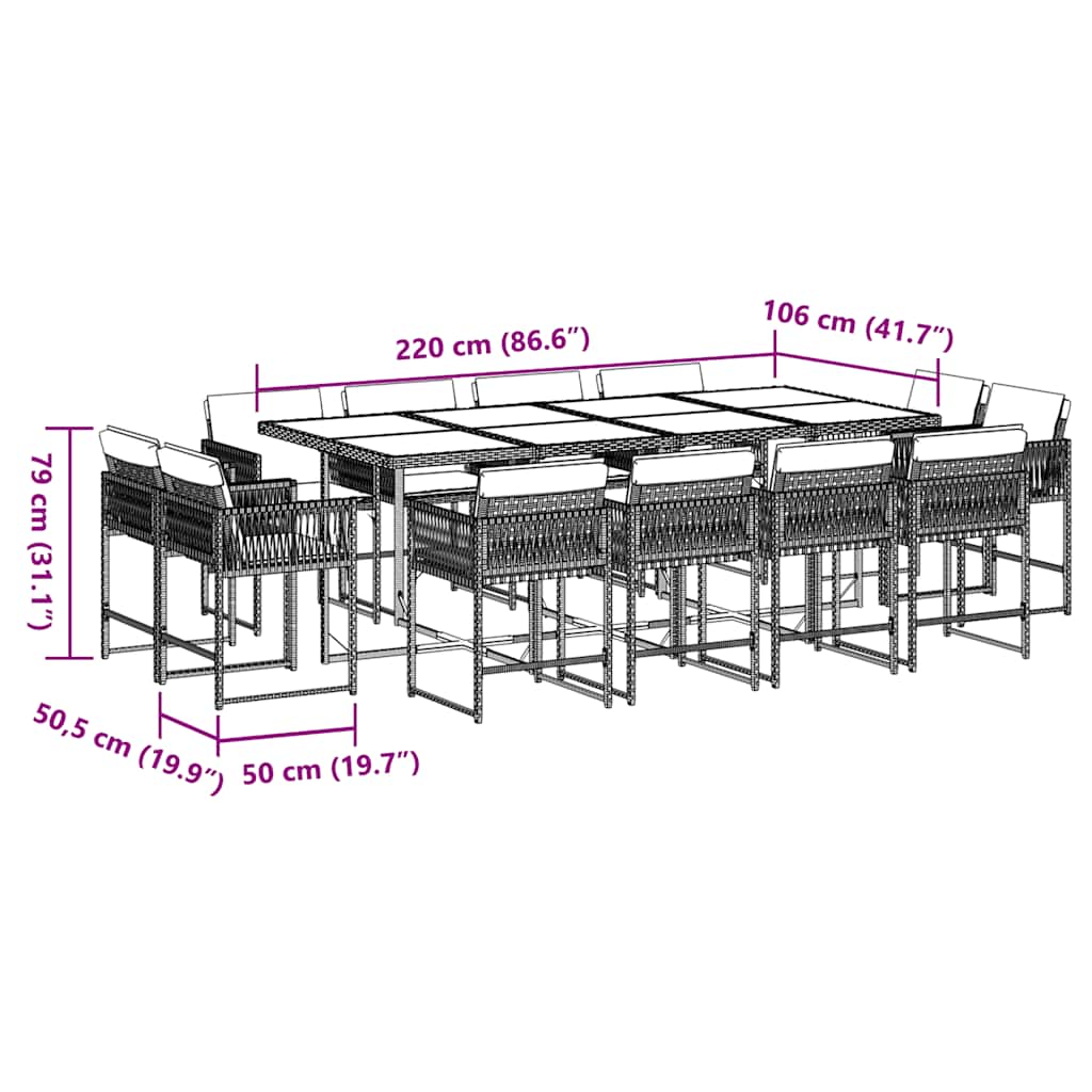 13 Piece Garden Dining Set with Cushions Brown Poly Rattan