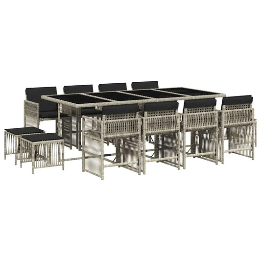 13 Piece Garden Dining Set with Cushions Light Grey Poly Rattan