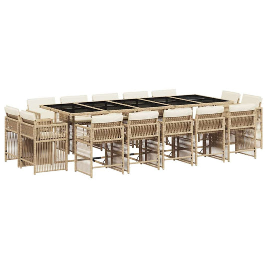 15 Piece Garden Dining Set with Cushions Beige Poly Rattan